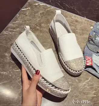 

2020 Famous brand European patchwork Espadrilles Shoes Woman genuine leather creepers flats ladies loafers white leather loafers