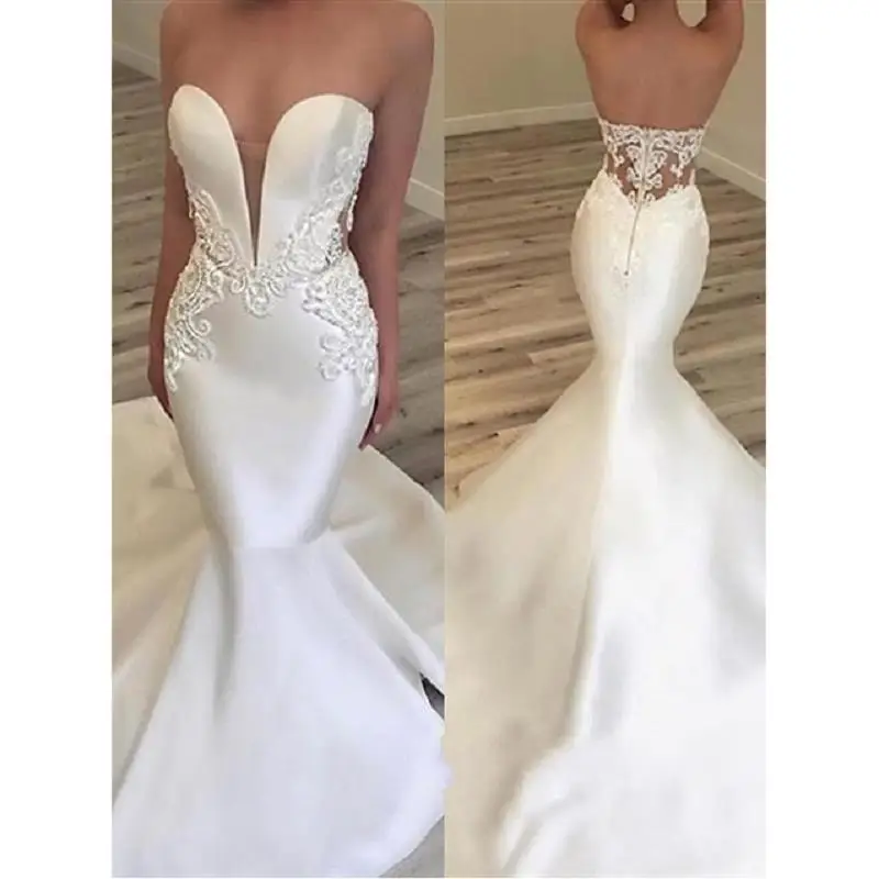 

vestido de noiva Cheap Mermaid Satin Wedding Dresses 2019 Sweetheart Backless Wedding Gowns Sweep Train Handmade Bride Dress