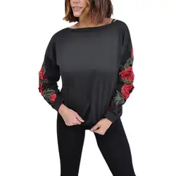 Осенне-зимний Повседневный Модный свитшот с круглым вырезом и вышивкой; цвет черный, серый; двухцветная рубашка