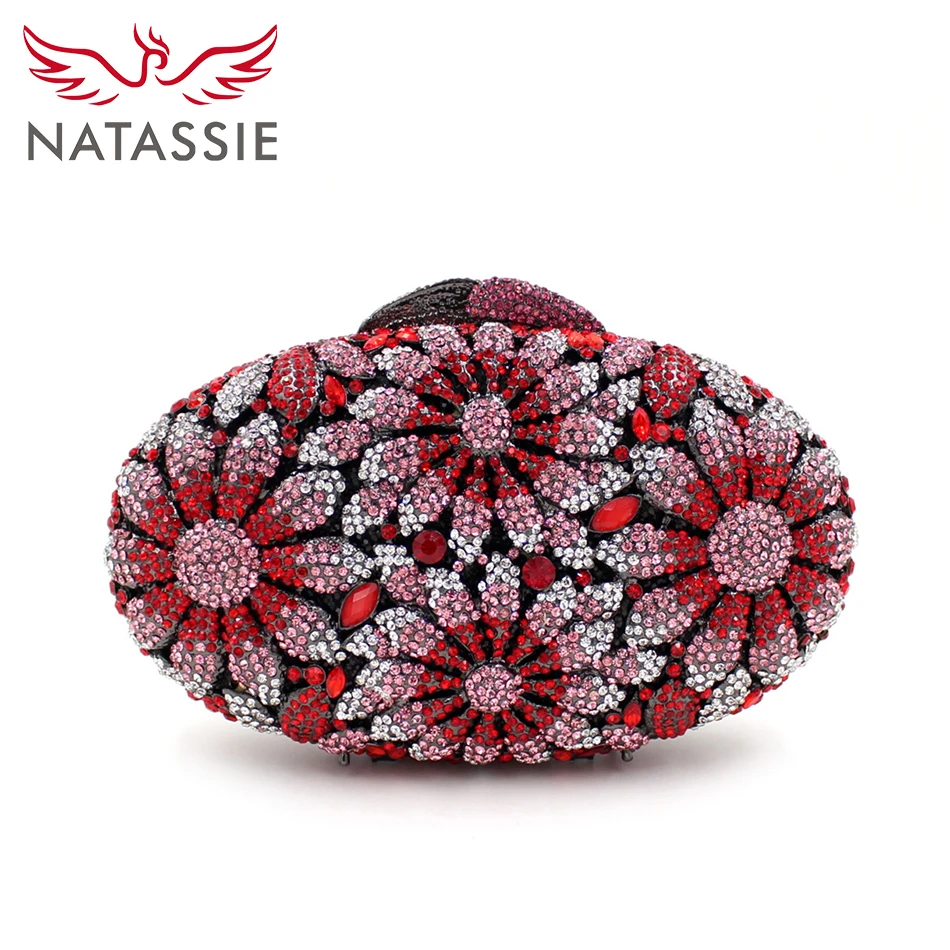 NATASSIE Women Luxury Crystal Clutch Bag Pink Flower Clutches Ladies