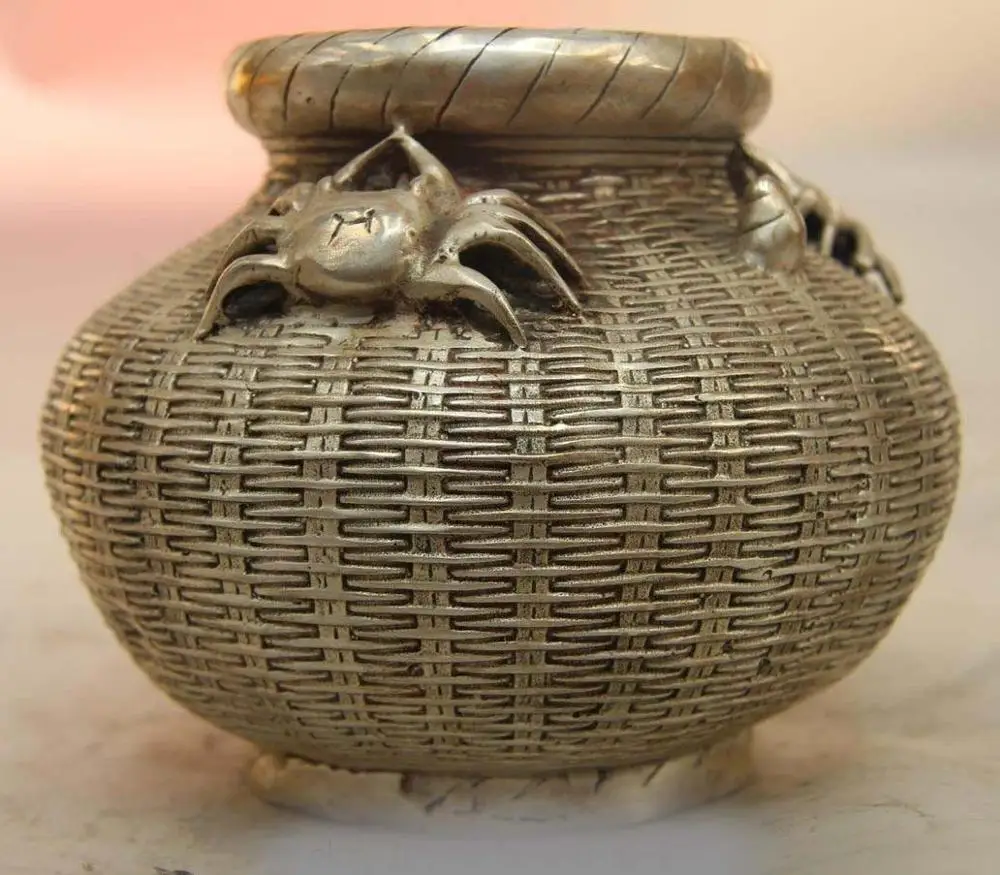 

China Folk White Copper Silver Carved Crab Bamboo Baskets Tank Crock kettle Pot SD 506
