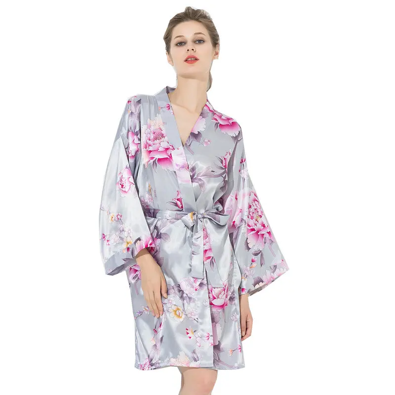 YUXINBRIDAL халаты с цветочным принтом цветочный атласный Шелковый Свадебный невесты кимоно для невесты Халаты вечерние халат атласный - Цвет: grey
