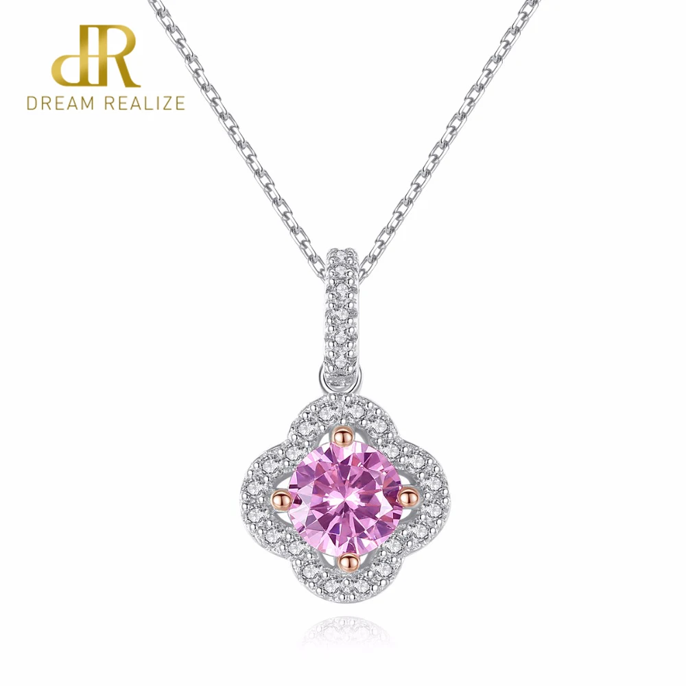 

DR Pink Zircon Main StoneTiny CZ around Chain Necklace 925 Sterling Silver Flower Pendant Jewelry for Women Anniversaries