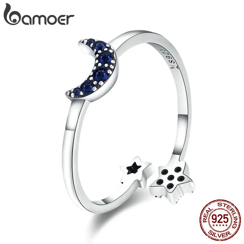 BAMOER Real 925 Sterling Silver Sparkling Blue Moon Star Clear CZ Finger Rings for Women Wedding Engagement Jewelry anel SCR437 BAMOER Real 925 Sterling Silver Sparkling Blue Moon Star Clear CZ Finger Rings for Women Wedding Engagement Jewelry anel SCR437