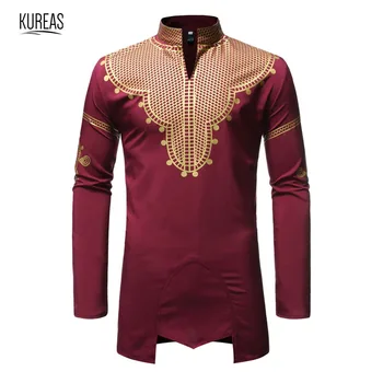 

Kureas African Shirt Long Sleeve Dashiki Shirts Gold Print Jupe Blouse Fashion African Men Clothes T Shirt Bazin Riche