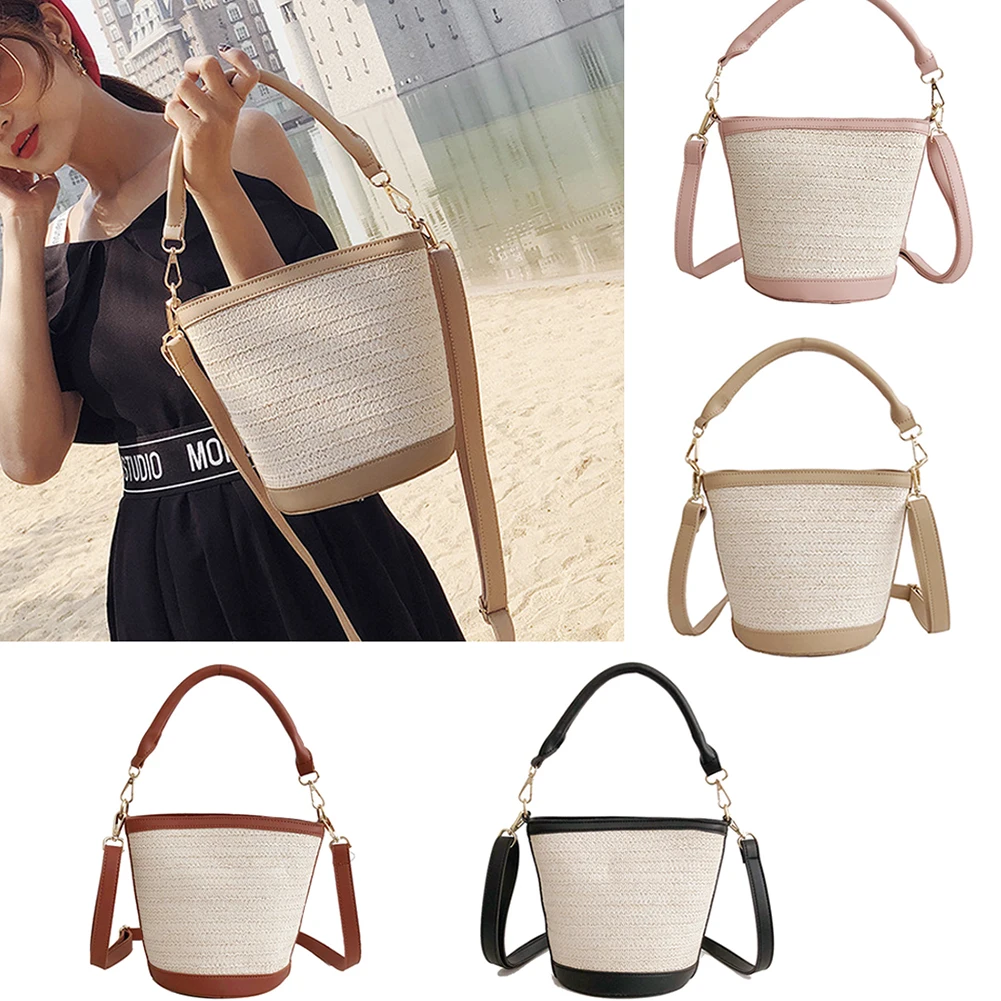 Brand Fashion Cylindrical Straw bucket Bags Chain Woven Women Crossbody
