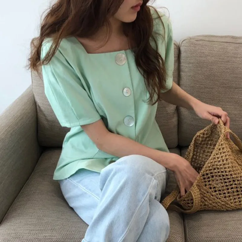 

womens tops and blouses casual square collar solid button korean fashion clothing blusas mujer de moda 2019 short regular simple
