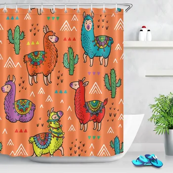 

LB Abstract American Lamas Alpaca And Cactus Ideal Shower Curtain Funny Waterproof Bathroom Fabric For Children's Bathtub Decor