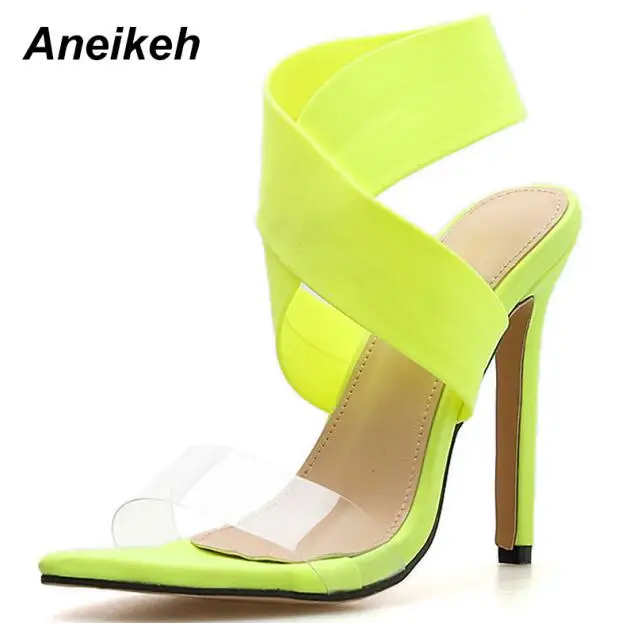 Aneikeh/Новинка года; босоножки из искусственной кожи; женские прозрачные туфли без застежки на тонком высоком каблуке; свадебные туфли с острым носком; цвет оранжевый; Размеры 35-42 - Цвет: Fluorescence yellow