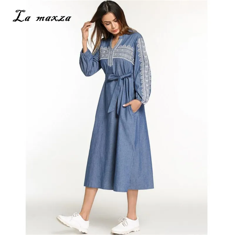 

Abaya Dress Muslim Modest Dress Turkey Dubai Muslim Embroidery Denim Dress Arabic Moroccan Kaftan