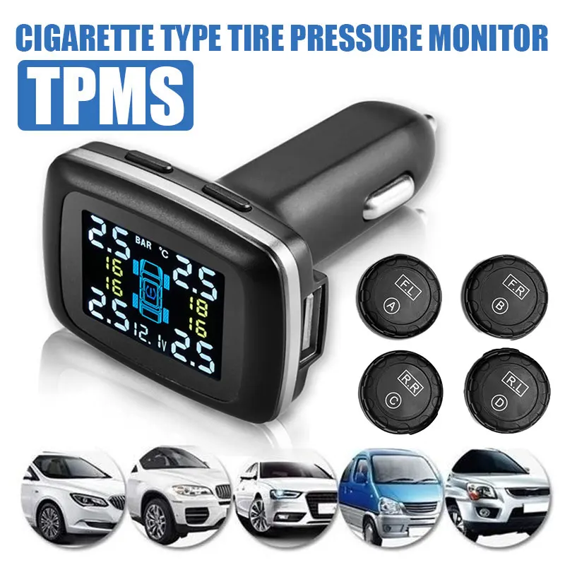 

C100 Tire Pressure Monitoring System With Cigarette Lighter Plug TPMS LCD Screen USB Charging 4 External Tyre Pressure Sensors