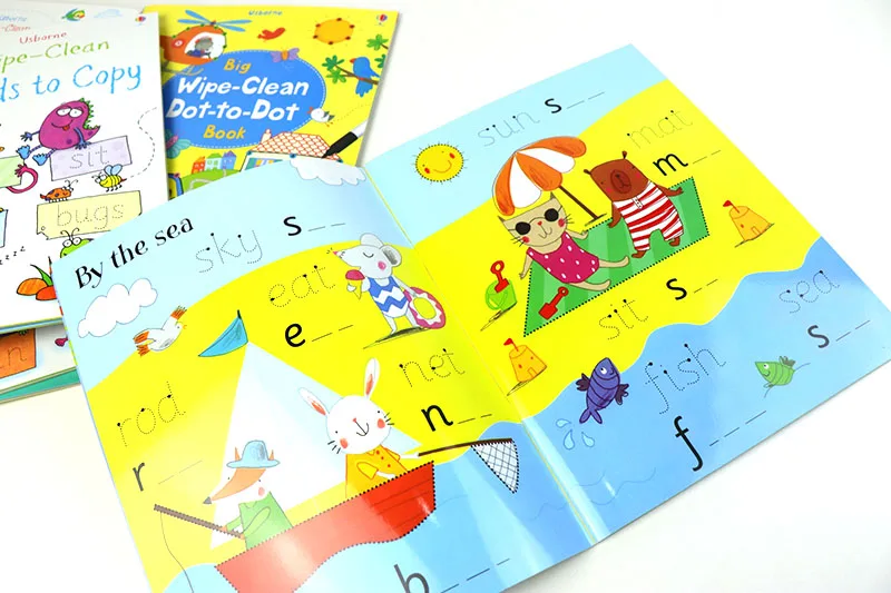 Limpar-limpar o Livro de Exercícios Reusável com Caneta Palavras para Pré-escolar Crianças Inglês Escrita Habilidades Número Aprendizagem Precoce 21*27cm 22 Home & Garden
