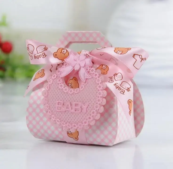 

60pcs/lot Baby Shower Baby Candy Box Cute Babyshower Party Boxes Cute Baby Bib Pink Blue Lovely Candy Small Gift Box