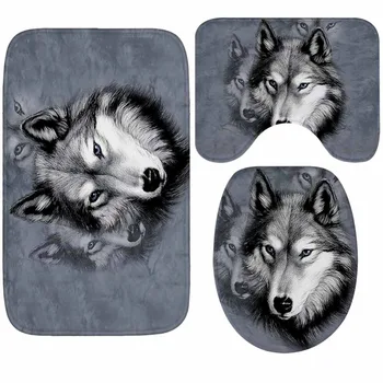

3-Piece Set Memory Foam Wolf Head Pattern Bathroom Rug Mat Soft Non-Slip Absorbent Carpet for Toilet Tub Shower and Bath Room