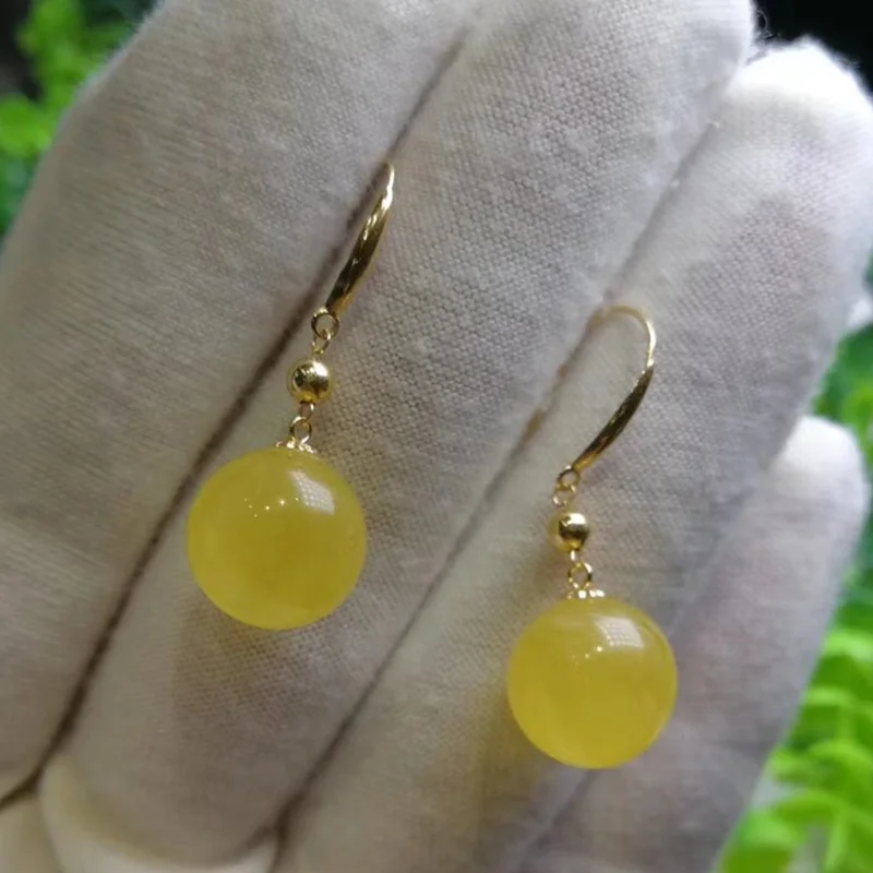 Sinya 11mm Amber Round beads earring Au750 18k gold dangle drop earring for women Mother 2018 new arrival best gift (2)