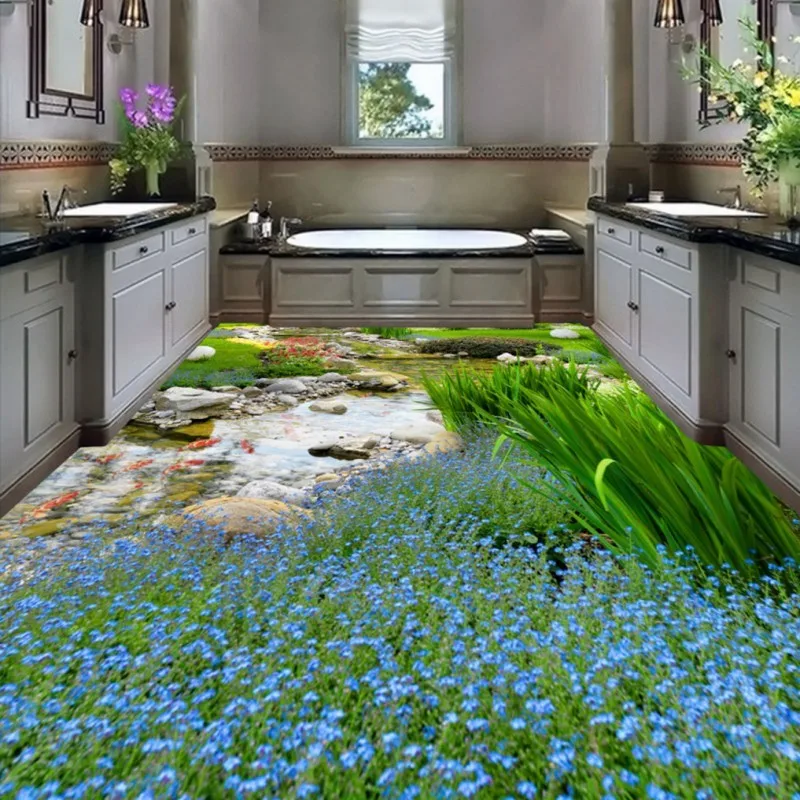 

Free Shipping custom Grass water goldfish 3D stereo floor stickers Shopping mall restaurant self-adhesive wallpaper mural