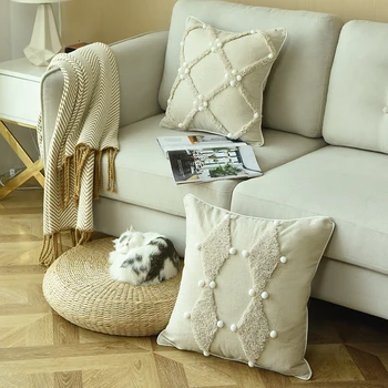 

Home Decor Handmade Embroidery Geometric Pillow Cover Luxury Beige Cushion Cover Decorative Pillow Case Pillow Sham 45x45cm