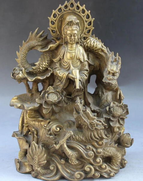 

10"Chinese Bronze Stand Lotus Dragon Kwan-yin Guanyin Goddess Buddha Vase Statue S0708