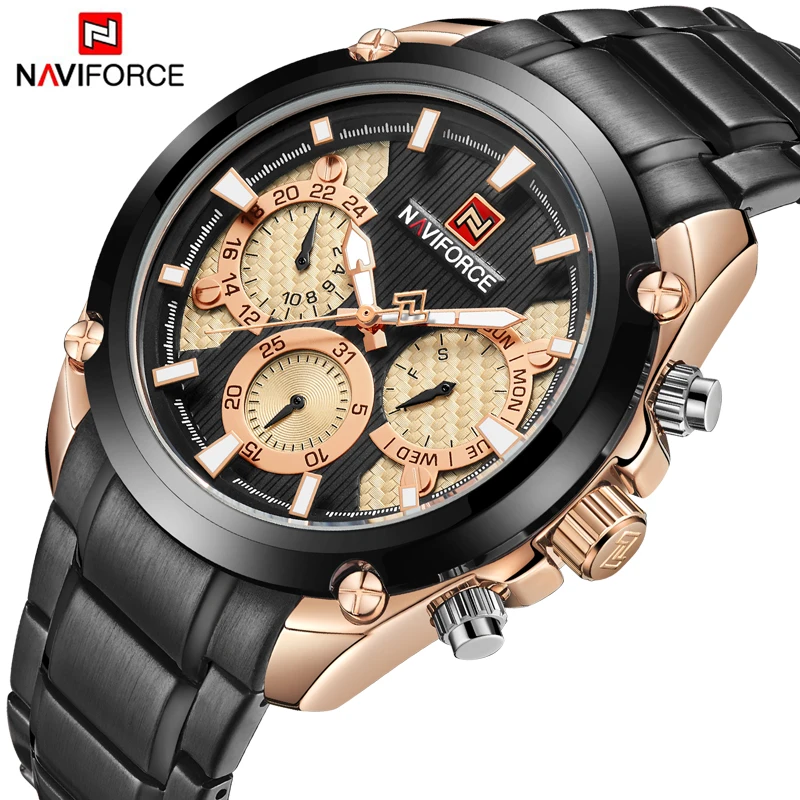 

NAVIFORCE Luxury Brand Mens Sport Watch Gold Full Steel Quartz Watches Men Date Waterproof Military Clock Man Relogio Masculino