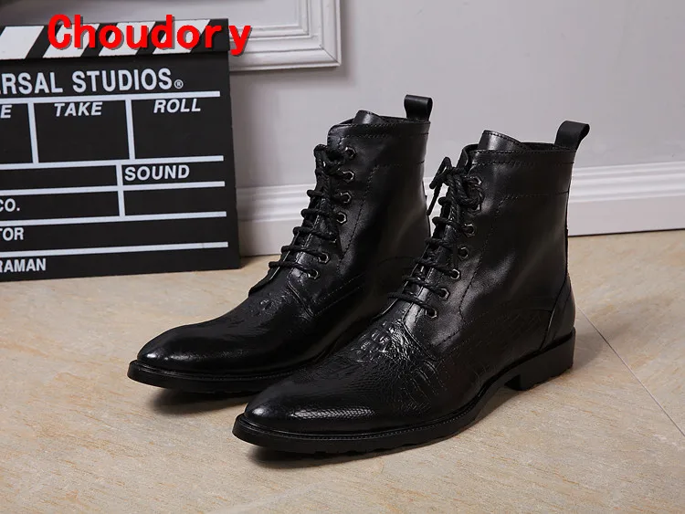 Choudory botas masculina/зимняя обувь для мужчин; Цвет черный, коричневый; натуральная кожа; водонепроницаемый военные сапоги на шнуровке; высокие ковбойские сапоги мужские