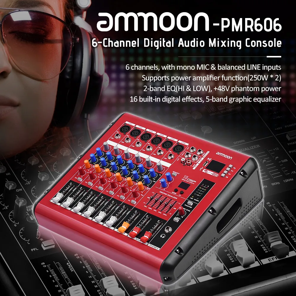 Ammoon PMR606 6-ти канальный цифровой аудио микшер с Мощность усилитель Функция для Запись DJ сцена, караоке