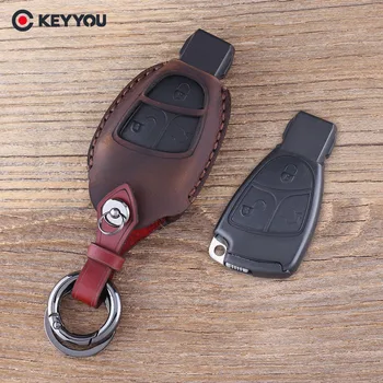 

KEYYOU Leather Key Case Shell Fob For Mercedes Benz C E ML S SL SLK CLK AMG 3B Car Key Cover Keychain 3 Buttons