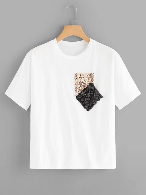 Summer Casual Sequined Pockets T shirts Women 2019 Solid Harajuku Female T-shirts Fashion Woman Tee Tops