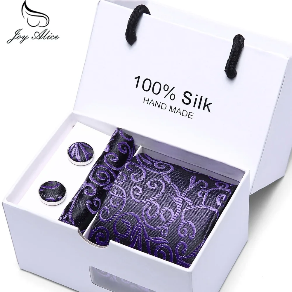  2019 Luxury Black Paisley Men Tie Set Cufflinks Tie and Handkerchief Set with Gift Box Tie for Men 