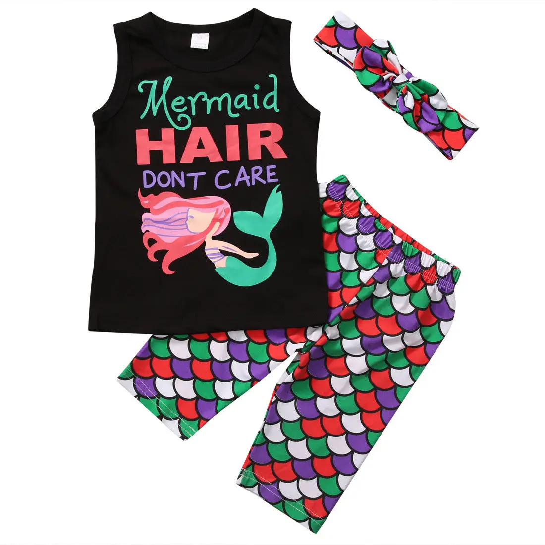 

3PCS Set Toddler Kids Mermaid Clothes Sleeveless T-shirt Top Pant Legging Headband Outfit Children Suit Clothing Sets 1-6Y