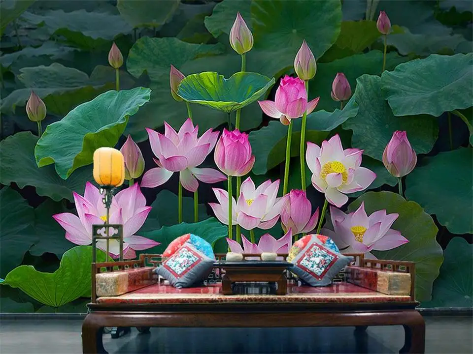 1325 52 De Réduction3d Papier Peint Photo Papier Peint Personnalisé Mural Salon été Lotus Fleur Paysage Peinture Fond Décran Pour Murs 3d In