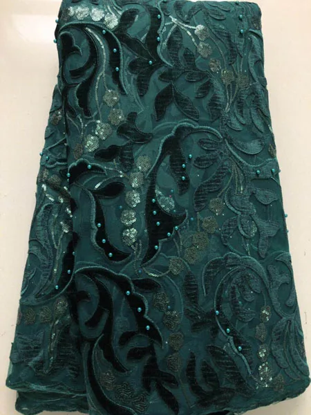 

(5yards/lot ) 2019 New High quality emerald green Velvet African tulle lace French net lace fabric with Sequins dress ELL38172