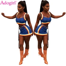 Adogirl Colorful Braid Jeans Two Piece Set for Women Sexy Cropped Tank Top Mini Skirt Female Night Club Outfit Summer Suits