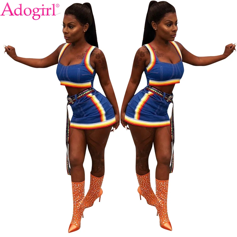 Adogirl الملونة جديلة الجينز اثنين من قطعة مجموعة للنساء مثير اقتصاص تانك الأعلى البسيطة تنورة الإناث النادي الليلي الزي الصيف الدعاوى