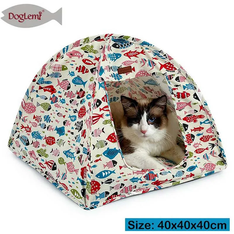 

Soft Cotton Canvas Pet House Indoor Cat Tent Portable Summer Spring Cat Tent House For Kitten Cat Puppy Print Fish Dog Kennel