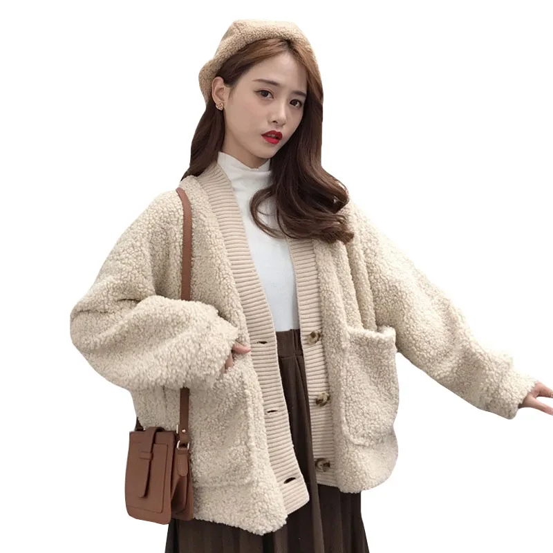 

Autumn and winter women's new BF wind loose thick double-layer imitation lamb hair casual single-breasted cardigan coat JQ330