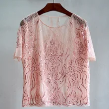 Летние Шорты рукавом Для женщин Бисер футболки модные топы вышивка блестками кружевной пуловер Топы