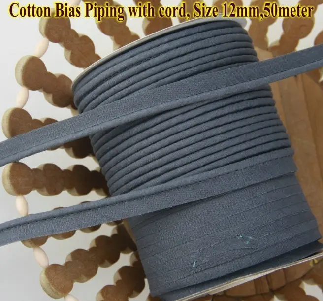 

Free shipping-Cotton Bias Piping, Piping tape,bias Tape with cord,size:12mm, 50m,for DIY sewing textile bed linings,dark grey