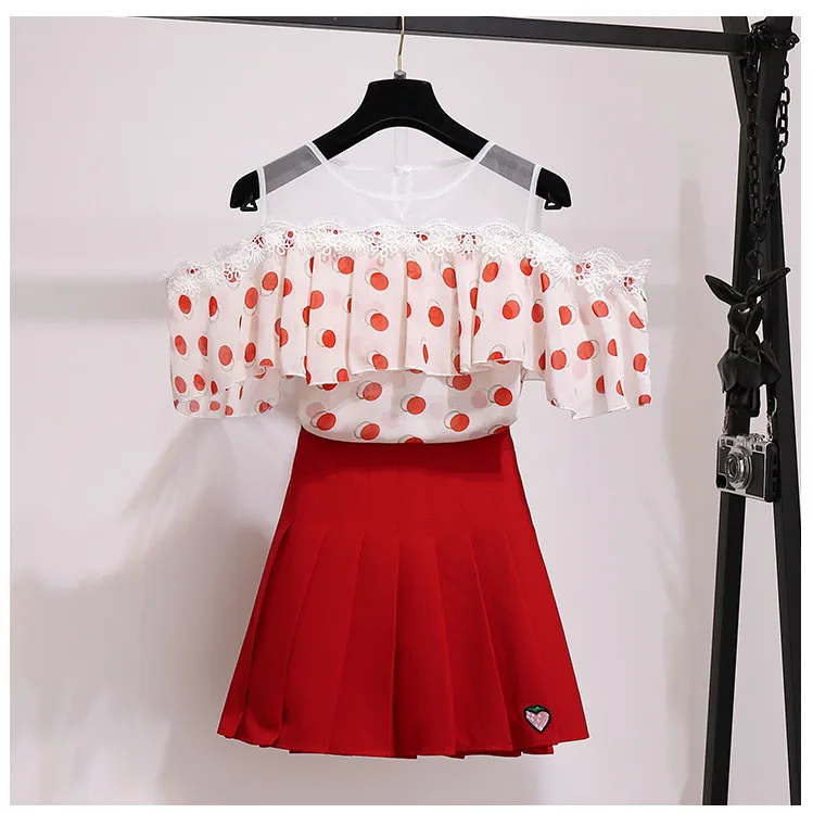 

2019 Summer Fashion Women's Mesh Patchwork Dot Shirts + Pleated Skirt two-piece Sets Female Suits A1617