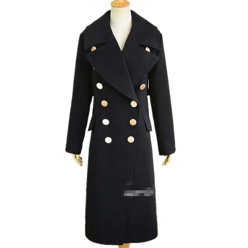 Новое Осеннее зимнее черное короткое свободное двубортное длинное шерстяное пальто с отворотом и длинным рукавом женская мода