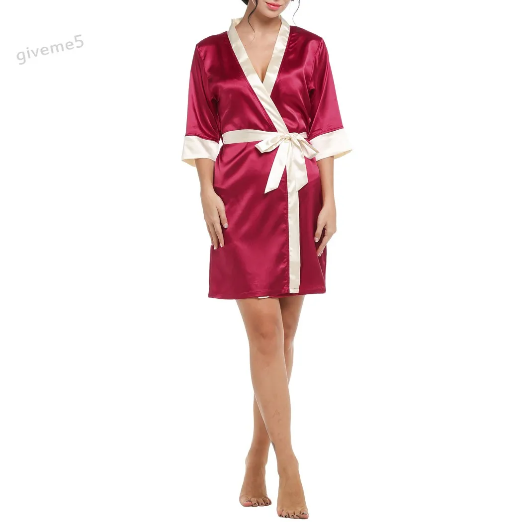 Women's Kimono Robe Knee Length Bathrobe Sexy Lingerie Sleepwear Short Satin Lace Nightwear