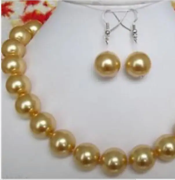 

Beautiful 12mm Natural Yellow Round Shell Pearl Necklace 18" Earrings Set