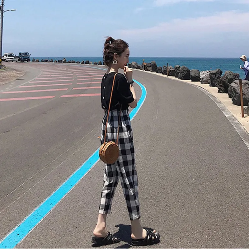 

Elbow Sleeve Solid Tee Top Plaid Pants 2 piece Sets Women Casual Slim Fit two piece set Spring New Style ensemble femme