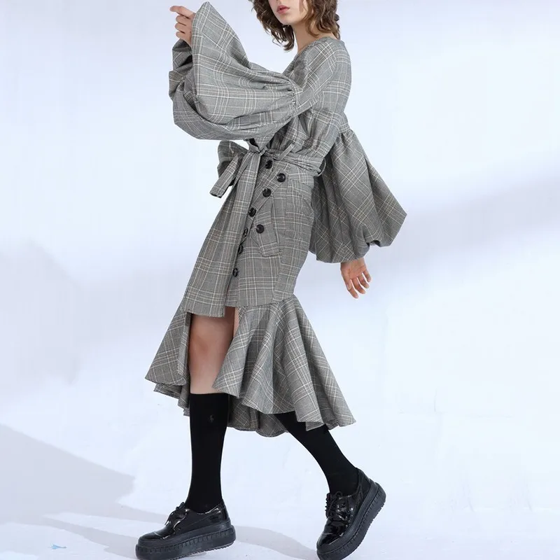 To Gladself Plaid Two Piece Sets Women Lantern Sleeve Blouse Tops Female Lace Up High Waist Ruffle Midi Skirt Suits 2018 Autumn | Женская