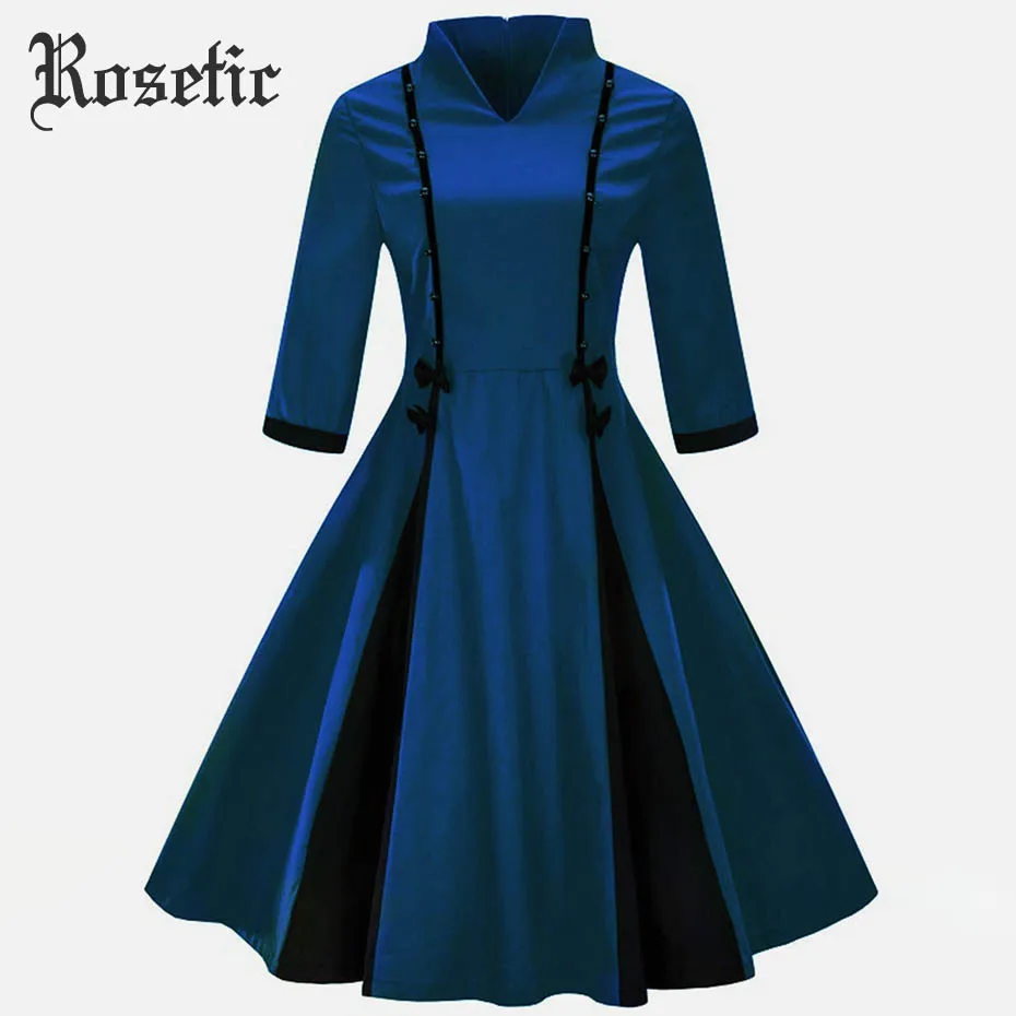 Rosetic Gothic Vintage Women Dress V-Neck Lapel Bow Button Patchwork Elegant Fashion Party Vestidos Autumn Retro Expansion Dress Rosetic Gothic Vintage Women Dress V-Neck Lapel Bow Button Patchwork Elegant Fashion Party Vestidos Autumn Retro Expansion Dress