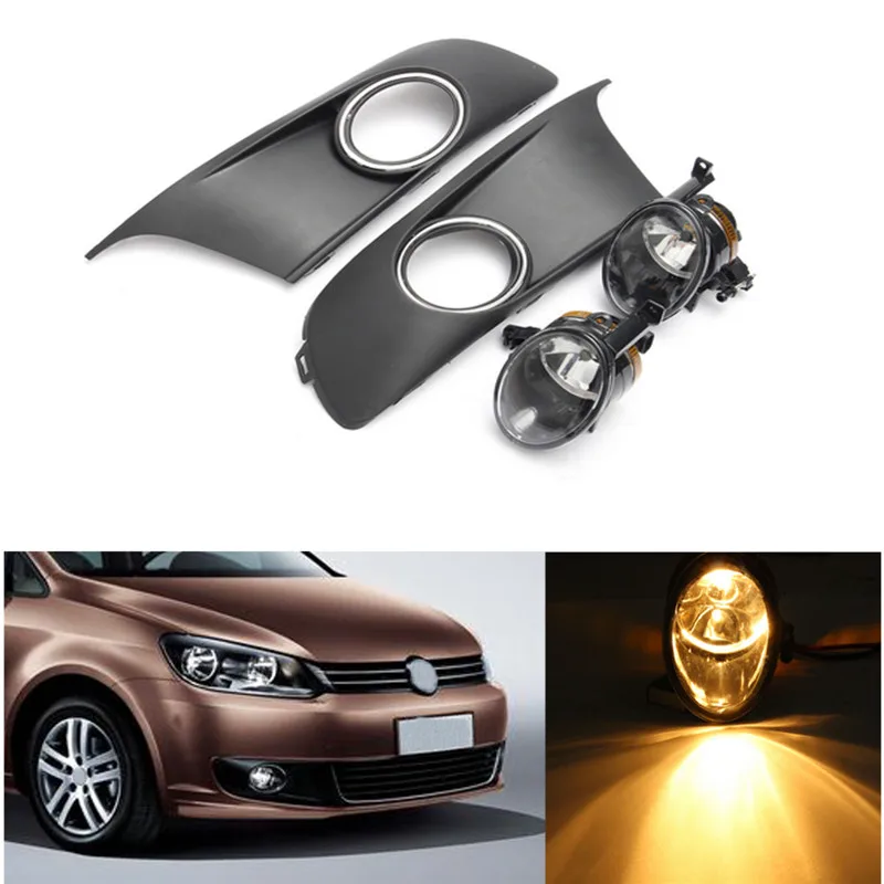 A Pair Front Fog Lights With Racing Grills & Wiring Harness Switch Fog Light Auto Accessories For VW TOURAN / CADDY 2010-2013