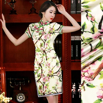 

118cm wide 19mm 93% silk & 7% spandex small flower green leaves print silk satin fabric for summer dress shirt clothes cheongsam
