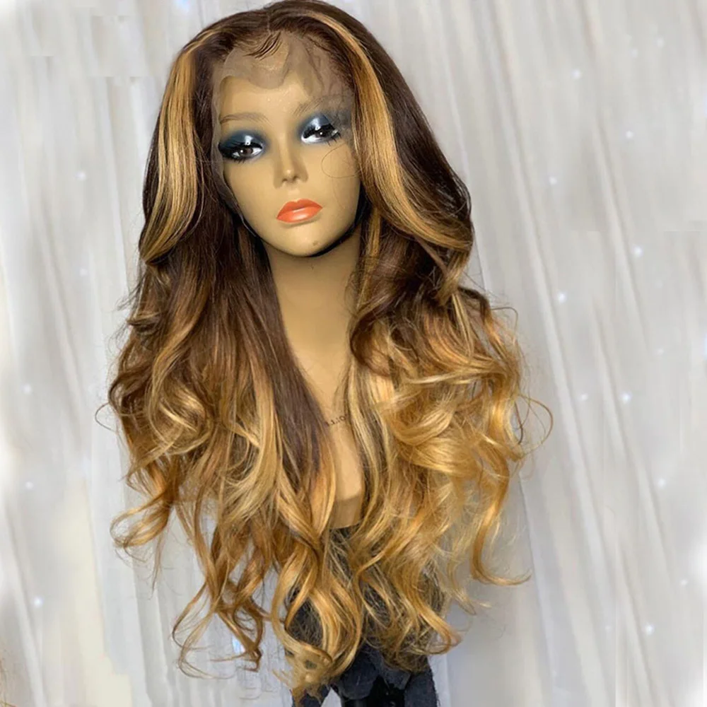SimBeauty Full Lace Wigs Brazilian Remy Human Hair Wigs Pre Plucked For Women Highlights Blonde Color Natural Wavy Ombre Wig