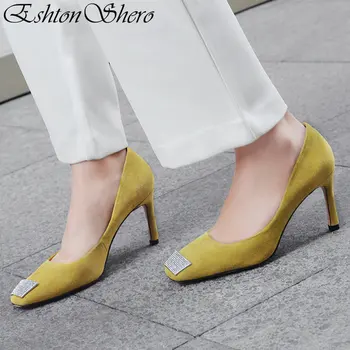 

EshtonShero Women's Shoes Woman Pumps Leather+PU High Heels Summer Slip On Round Toe Classic Ladies Wedding Shoes Size 3-8