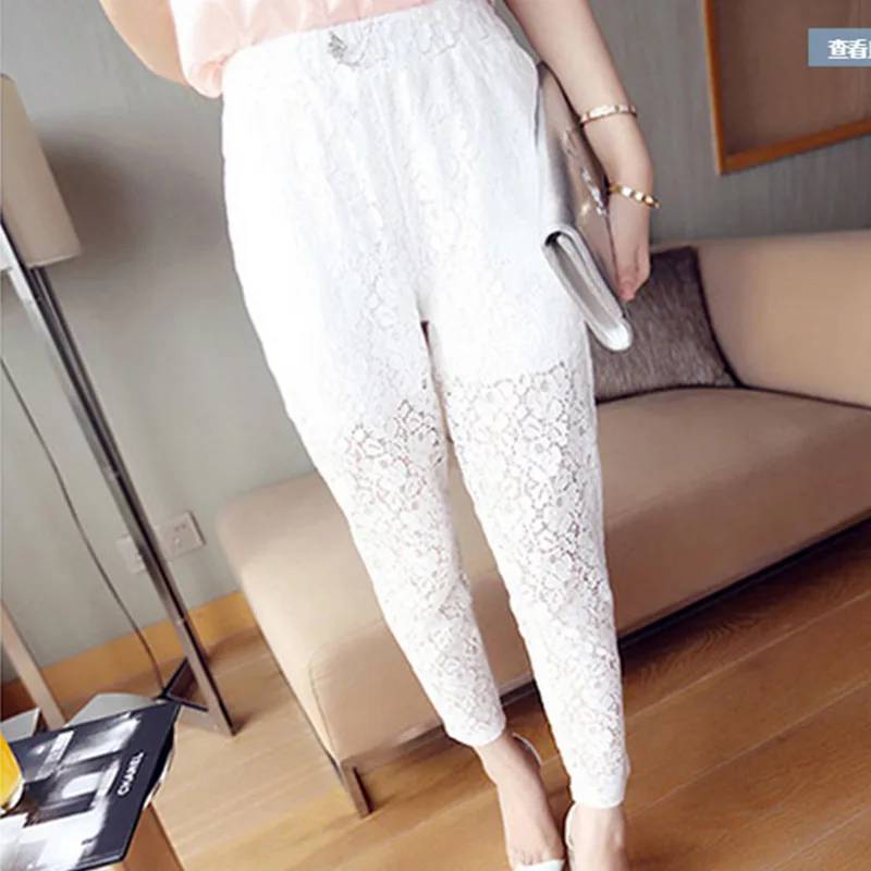 Free Shipping 2017 New Fashion 3/4 Pants Women Trousers Plus Size S-10XL Summer Lace Pencil White And Black Ankle Length Pants