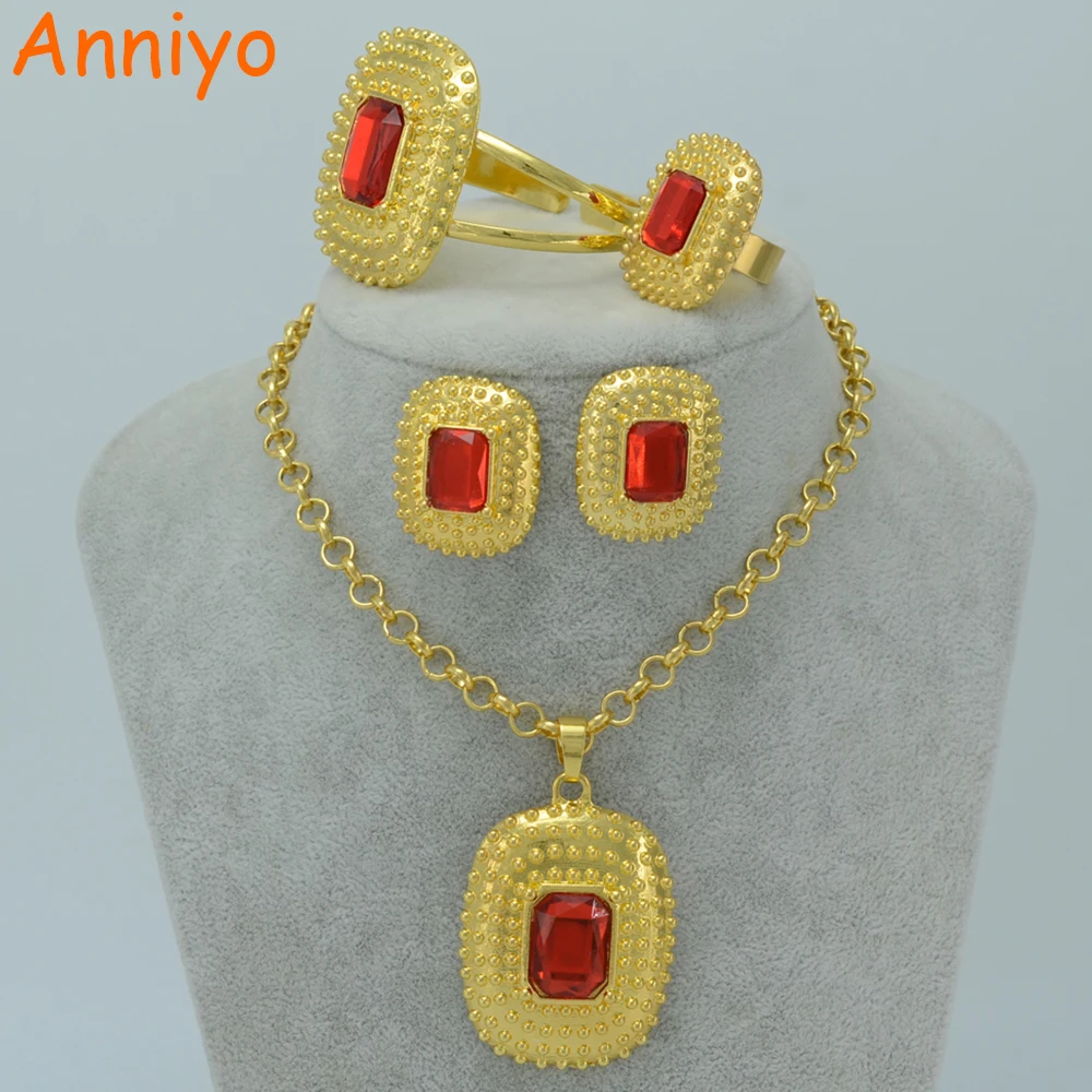 

Anniyo Gold Color Ethiopian Jewelry Set Pendant Necklace/Clip Earrings/Ring/Bangle Africa Bride Wedding Eritrea Style #015306